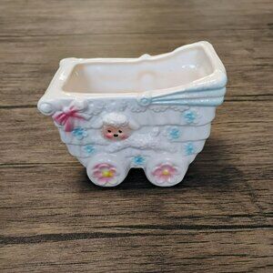 Vintage Nancy Pew Ceramic Baby Carriage Planter With Lamb Design 1950s Nursery